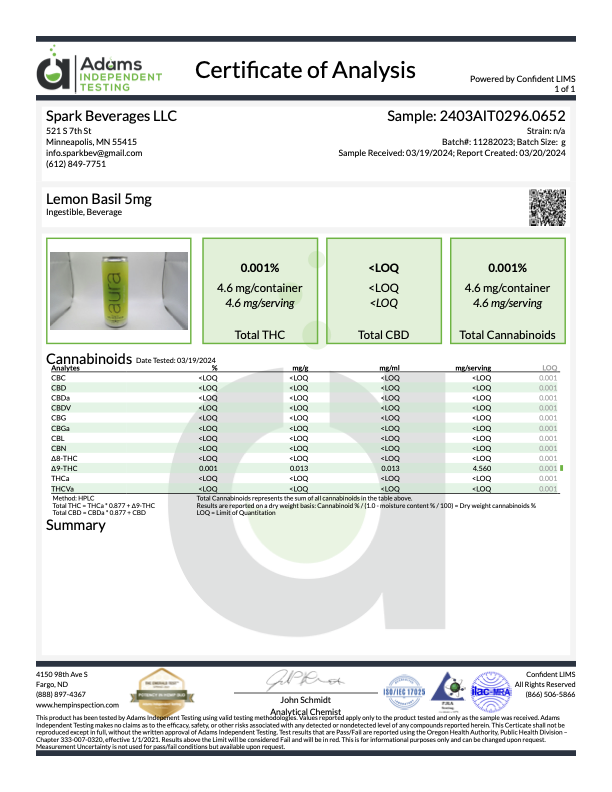 Aura - Lemon Basil - 10mg Seltzer